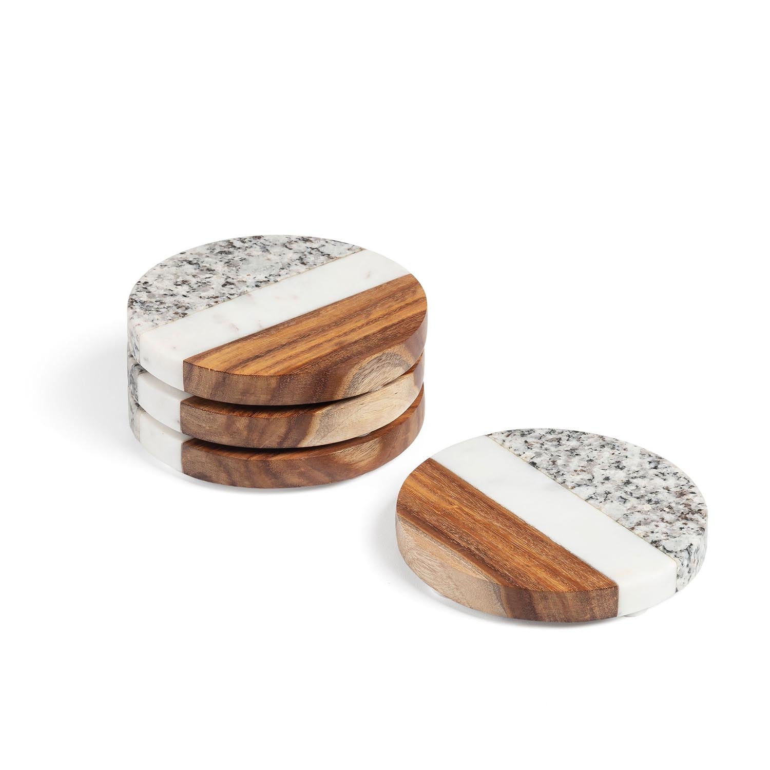 Cataleg 4er-Set runde Untersetzer aus weissen und grauem Marmor und Mango Holz in Mehrfarbig präsentiert im Onlineshop von KAQTU Design AG. Pfannenuntersatz ist von Kave Home