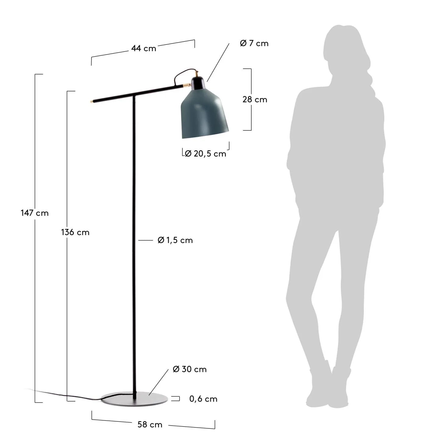 Die Olimpia Stehlampe von Kave Home: Eleganz trifft Funktionalität mit einem beweglichen Metallschirm in Grau und Petrolblau.
