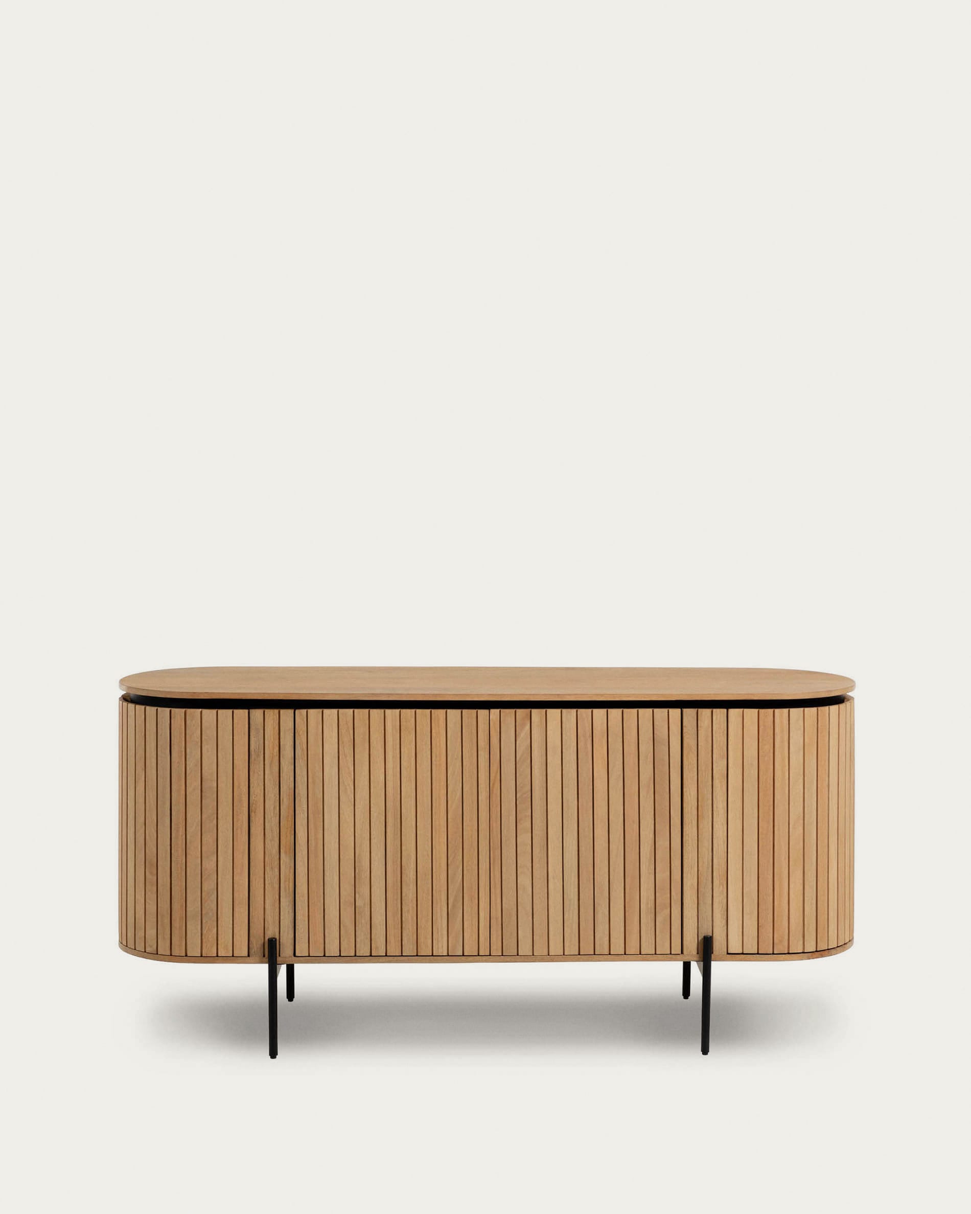3D-Modell des Licia Sideboards: Mangoholz, schwarze Metallbeine, 4 Türen, modern, 170x80 cm, AR-fähig.