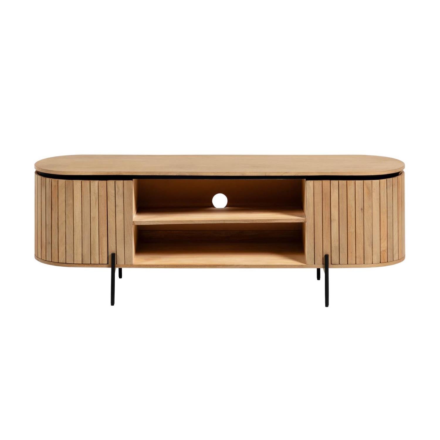 Eleganter TV-Schrank aus massivem Mangoholz mit mattschwarzen Metallakzenten, 160x56 cm, von Kave Home.