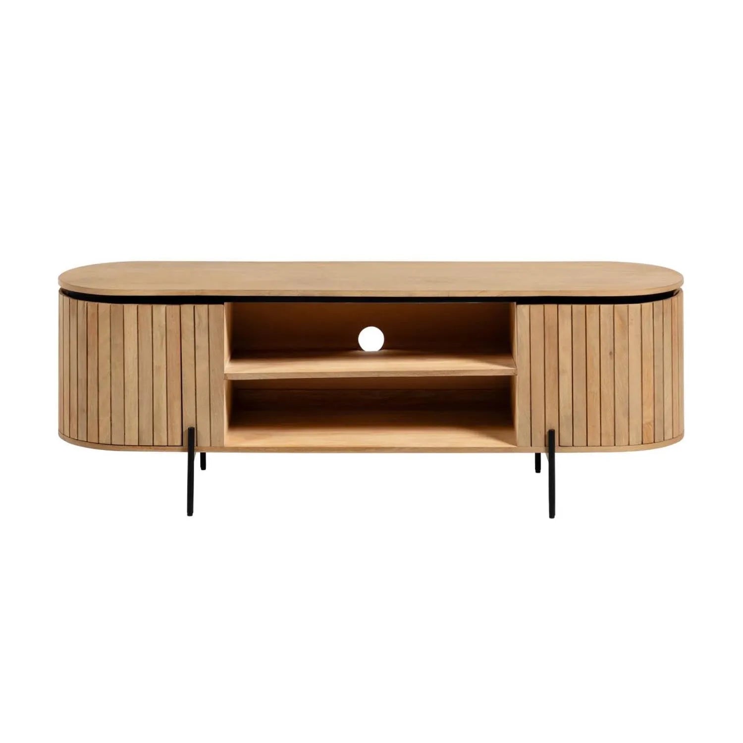 3D-Modell: Eleganter TV-Schrank aus Mangoholz, mattschwarze Metallakzente, 160x56 cm, von Kave Home.