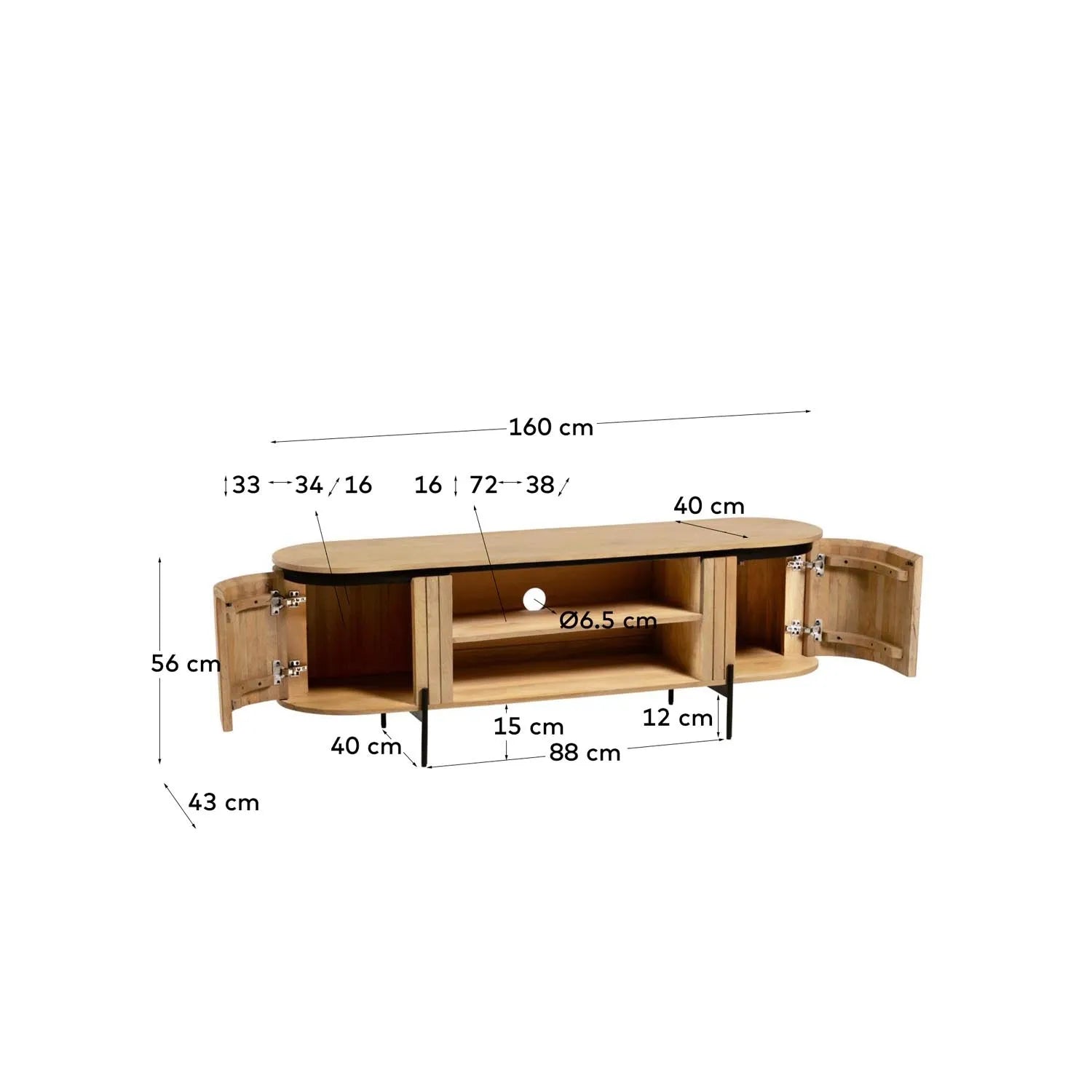 Stilvoller TV-Schrank aus Mangoholz & Metall, 160x56 cm, Kave Home.