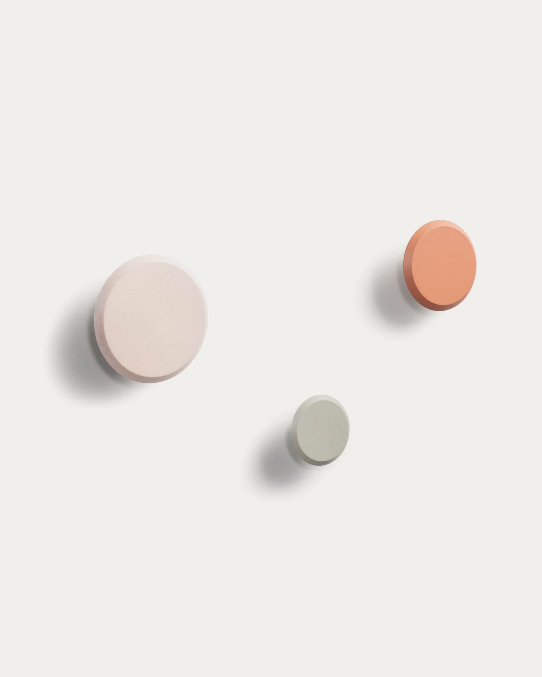Nadua set of 3 wall hooks made of solid beech with a natural, orange, and beige finish