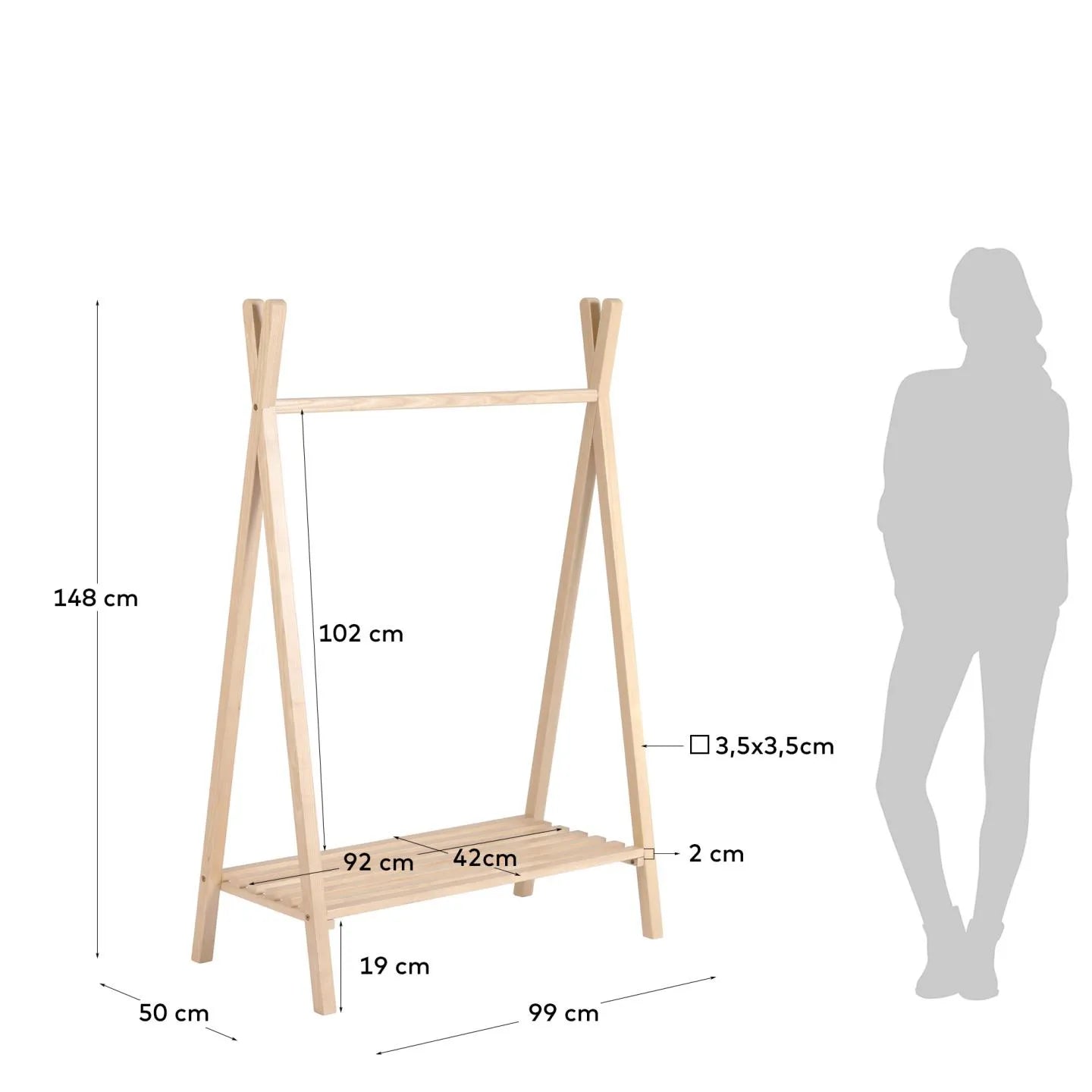 Eleganter Tipi-Kleiderständer aus massivem Buchenholz, 148x50 cm, für stilvolle Ordnung im Kinderzimmer.