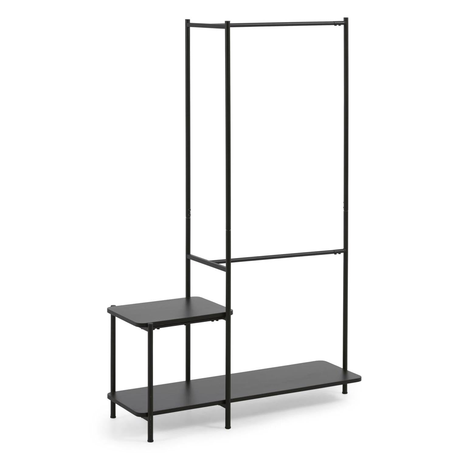 Der Galatia Wand-Kleiderständer von Kave Home vereint Stil und Funktionalität. Mit robustem Stahl, umweltfreundlicher Spanplatte und einer integrierten Bank bietet er Platz und Komfort. Ideal für moderne Eingangsbereiche.
