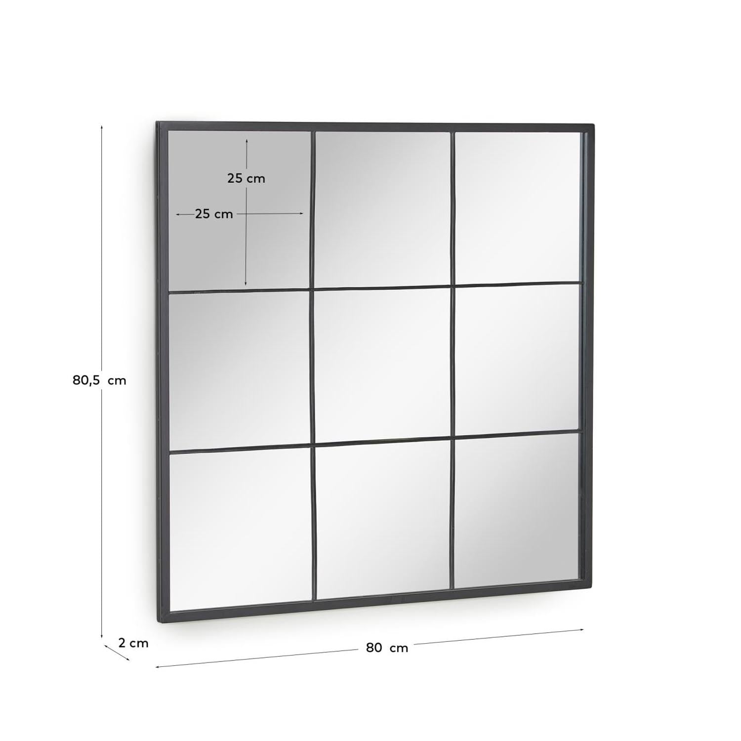 Ulrica: Stilvoller 80x80 cm Wandspiegel aus schwarzem Metall.