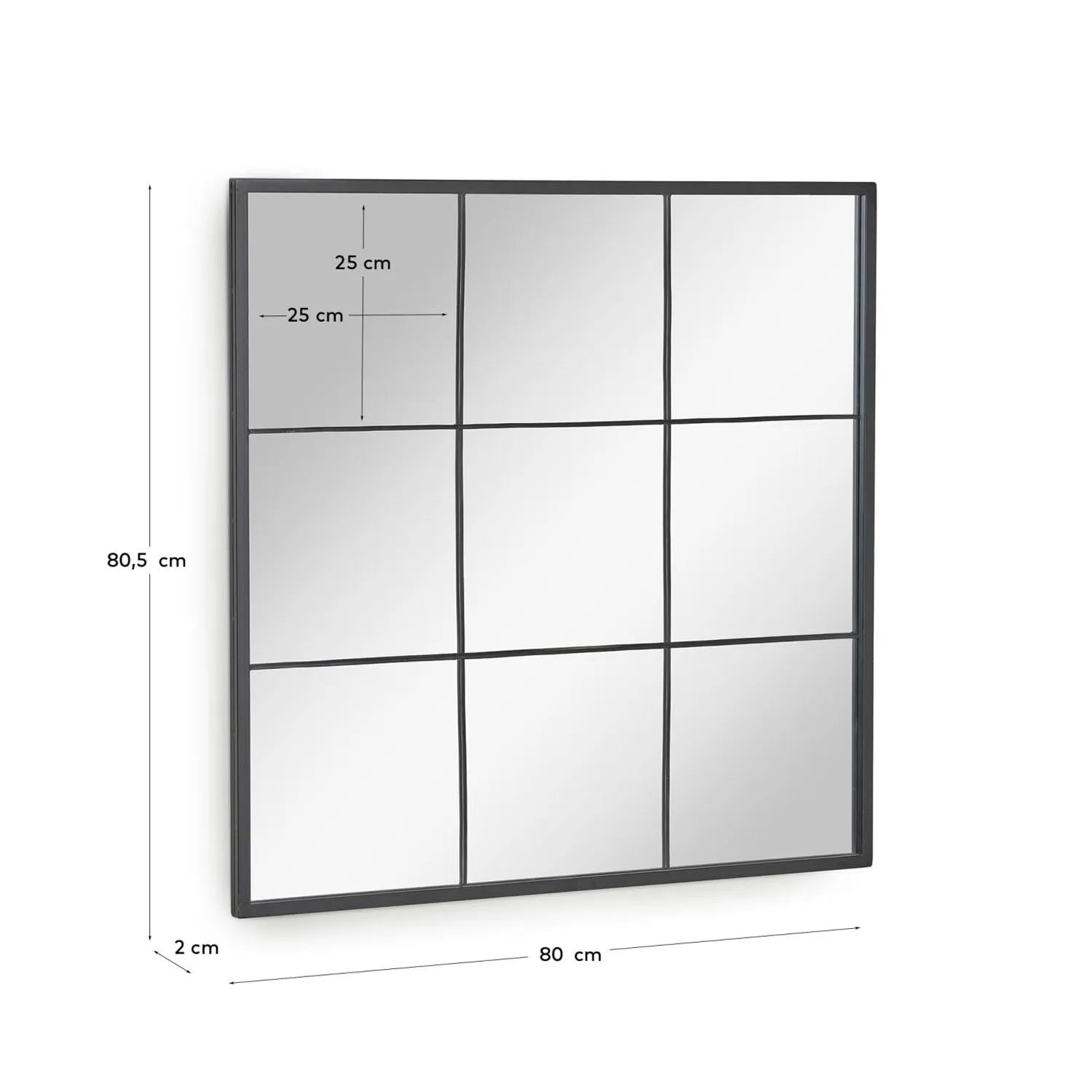 Ulrica: Stilvoller 80x80 cm Wandspiegel aus schwarzem Metall.