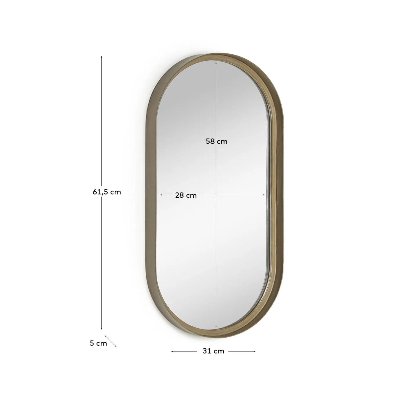 Eleganter Wandspiegel mit goldfarbenem Metallrahmen, 31x61,5 cm, ideal für stilvolle Raumakzente.