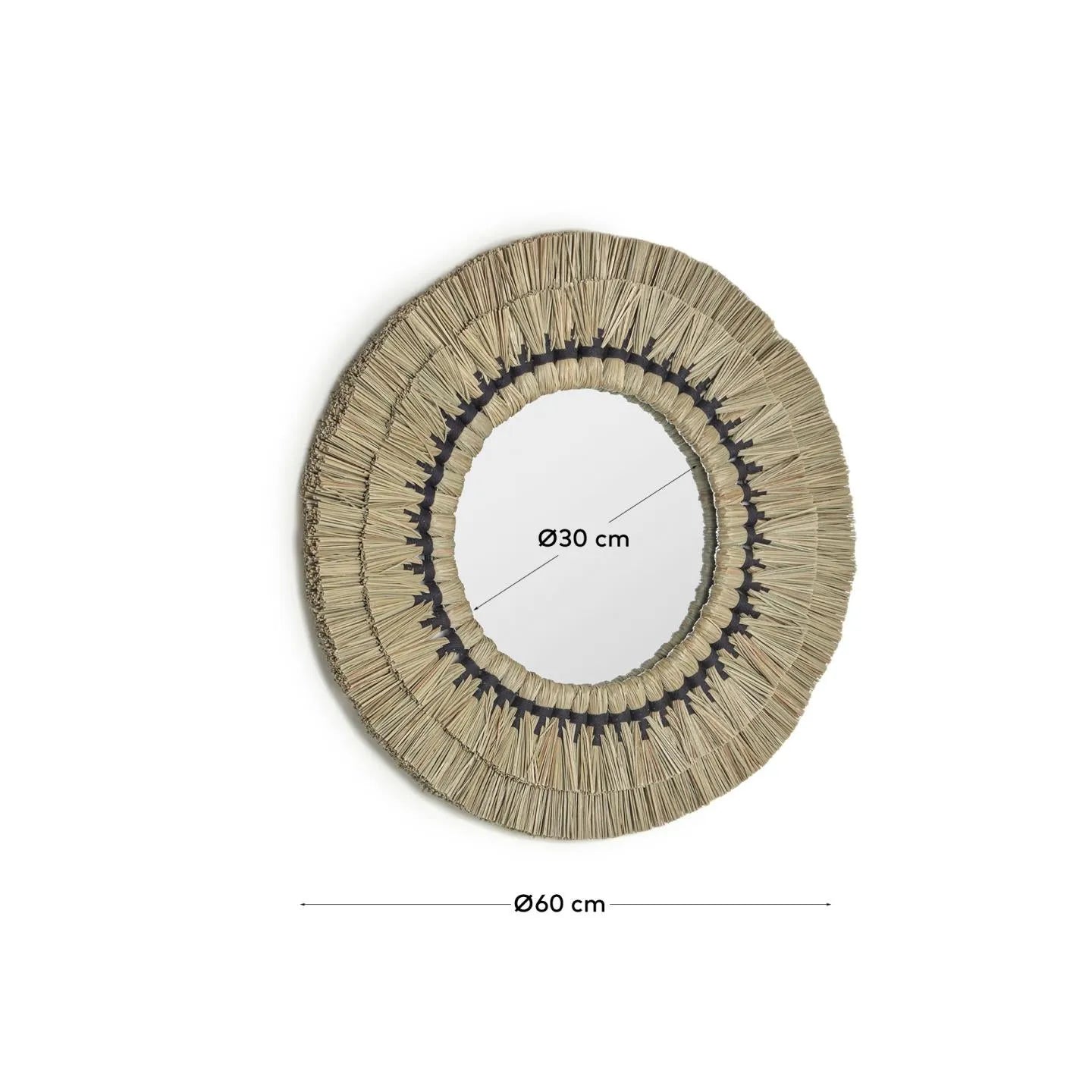 Akila Rundspiegel 60 cm, gefertigt aus beigen Naturfasern und schwarzer Baumwollkordel, elegant und umweltfreundlich von Kave Home.