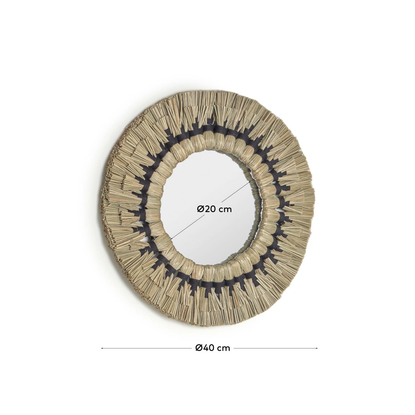 Runder Akila Spiegel, 40 cm, gefertigt aus grünen Naturfasern und schwarzer Baumwollkordel, elegant und umweltfreundlich.