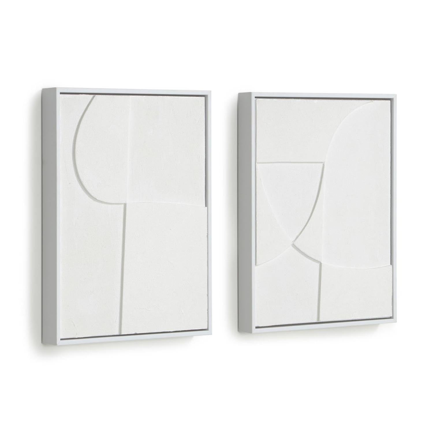 Beija Set: Zwei weiße Bilder (32x42 cm) von Kave Home. Moderne Kunst, langlebige Materialien, geometrische Formen. Stilvoller Akzent.