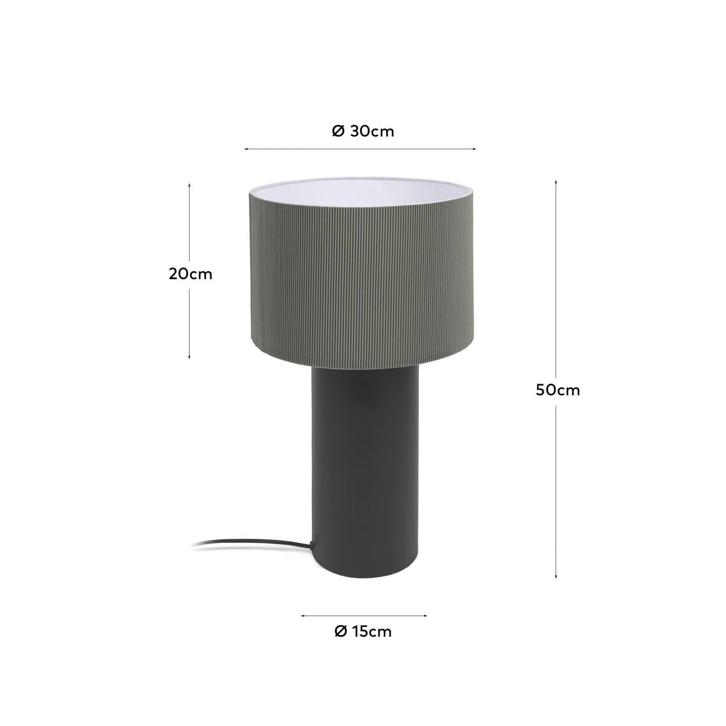 Elegante Tischlampe aus schwarzem Metall mit grauem, plissiertem Stoffschirm für stilvolle Lichtakzente.