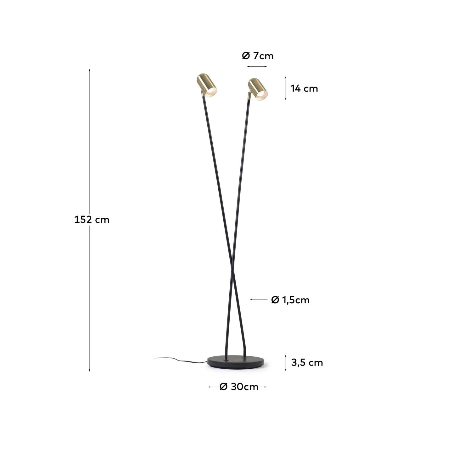 Die Clemence Stehlampe kombiniert schwarzes Metall mit goldenen Schirmen für stilvolle Eleganz und flexible Beleuchtung.