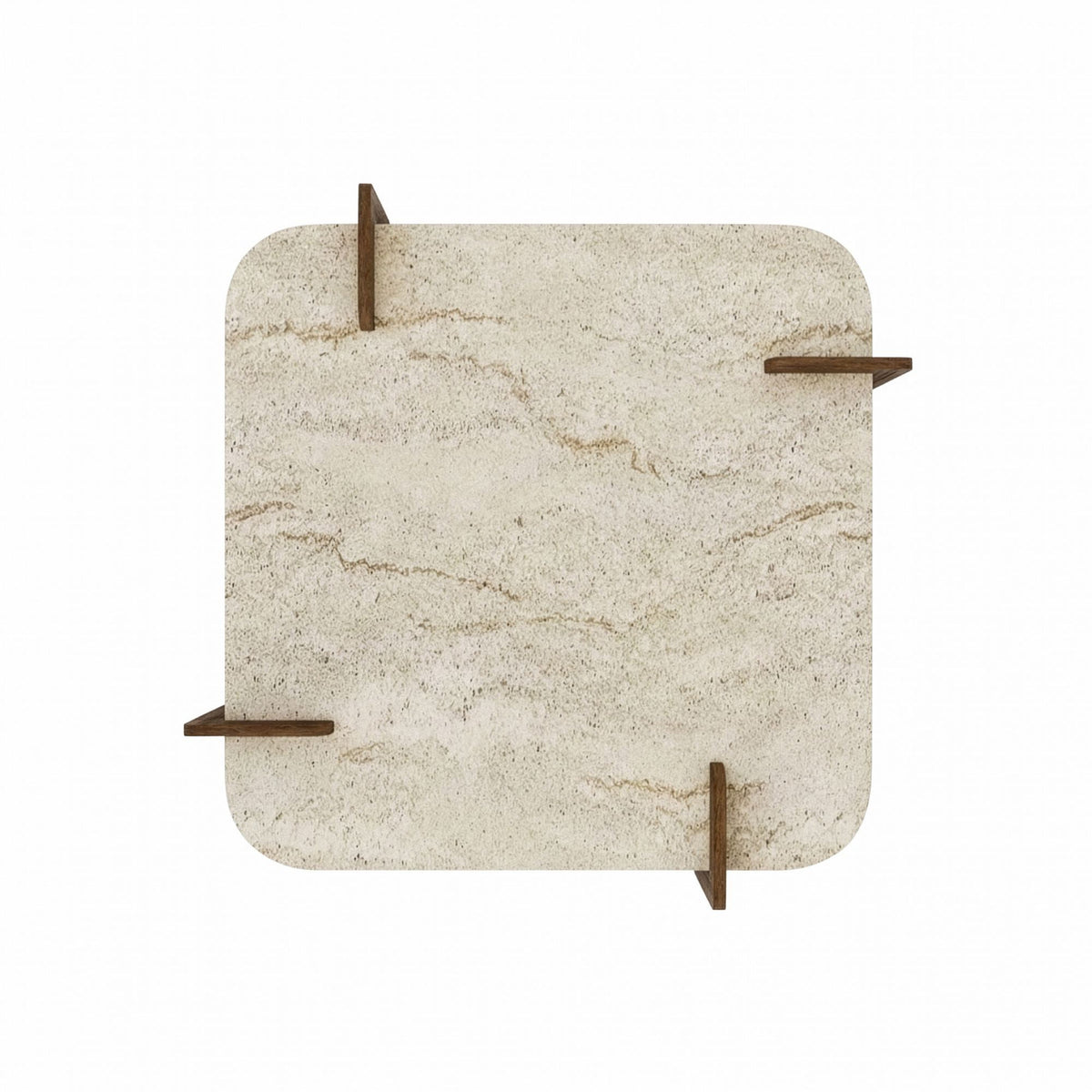 Couchtisch Afrolli von Hanah Home mit Platte in Travertin-Optik und Gestell in Nussbaum-Optik, quadratische Form, niedrige Höhe.