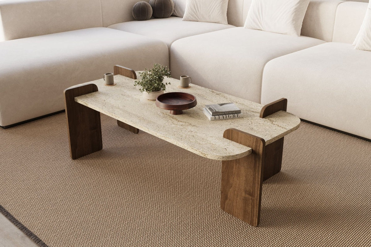 Rechteckiger Couchtisch mit Oberfläche in Travertin-Optik und Gestell in Nussbaum-Optik, Melaminbeschichtung, Masse 120x60x35 cm