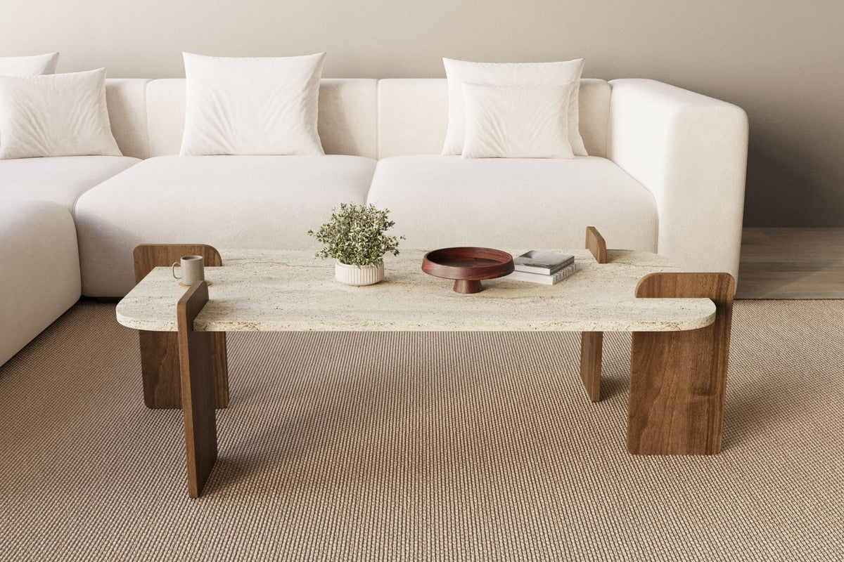Rechteckiger Couchtisch mit Oberfläche in Travertin-Optik und Gestell in Nussbaum-Optik, Melaminbeschichtung, Masse 120x60x35 cm