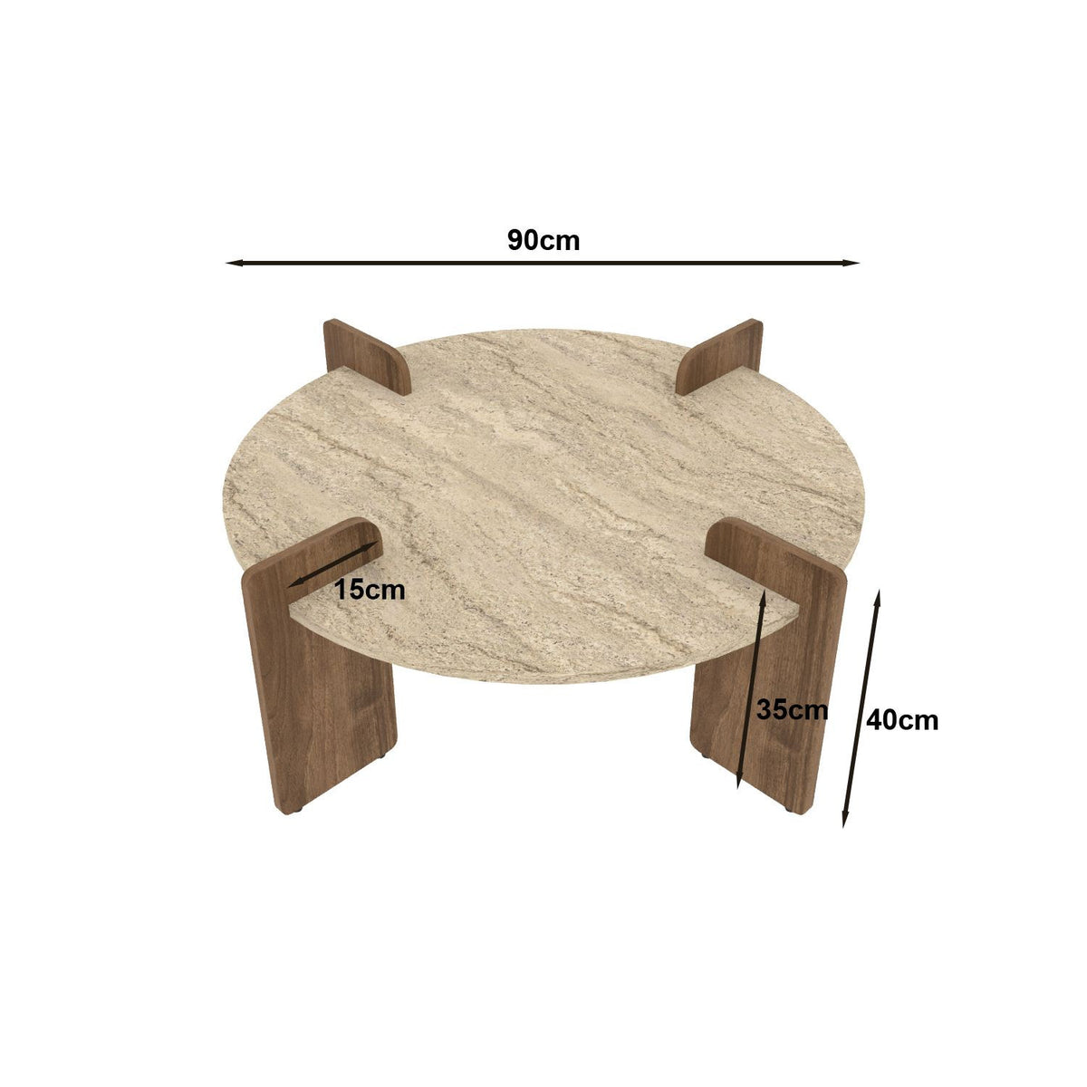 Couchtisch Avoure von Hanah Home mit Tischplatte in Travertin-Optik und Gestell in Nussbaum-Farbton, Masse 90x90x35 cm (B/T/H).