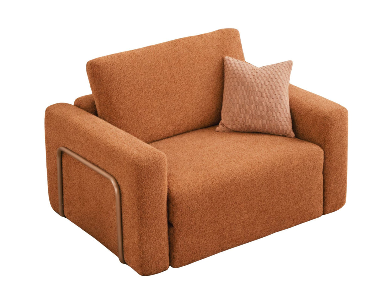 Orangefarbenes 1-Sitzer Schlafsofa aus Bouclé-Stoff mit kompakter Form, sichtbaren Füssen und leicht texturierter, flauschiger Oberfläche.