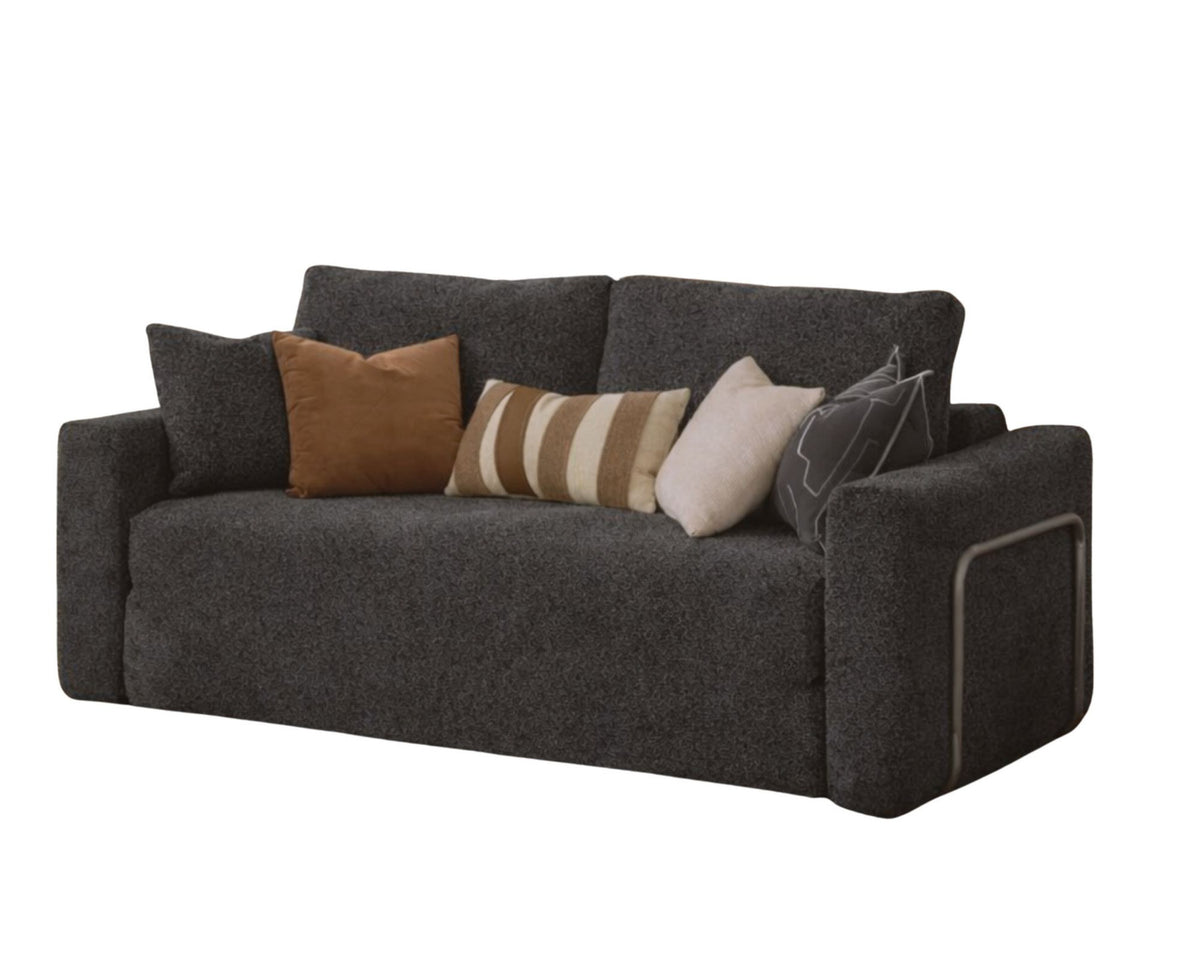 Anthrazitfarbenes 2-Sitzer Schlafsofa Wello aus Bouclé-Stoff mit kompakter Form, Armlehnen und flacher Sitzfläche, aufgestellt im Wohnraum.