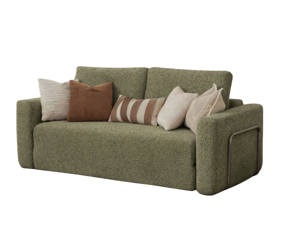 Grünes 2-Sitzer Schlafsofa Wello Doppel aus Bouclé-Stoff mit Armlehnen, kompakter Form und ausklappbarer Liegefläche, Hersteller Hanah Home.