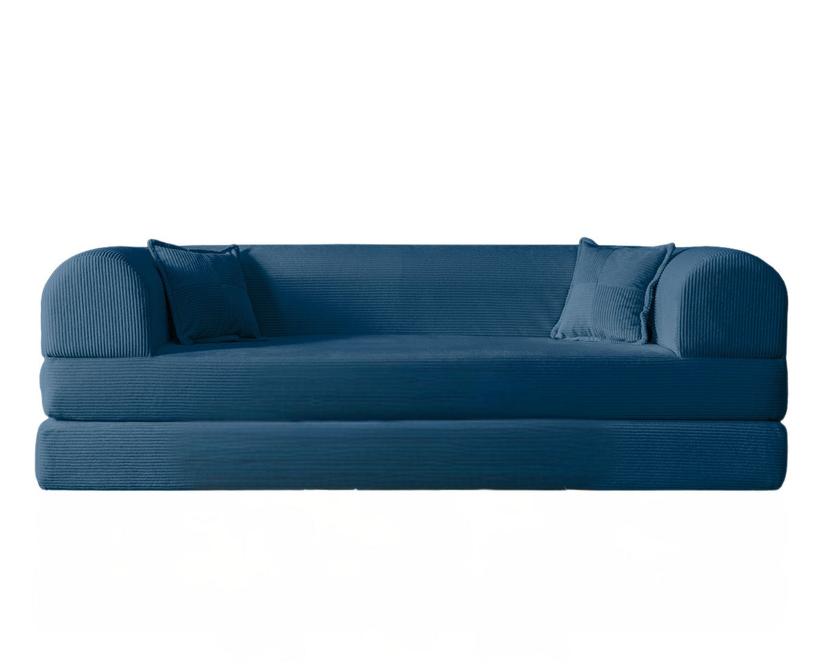 Blaues 3-Sitzer Schlafsofa Legom Eco aus geripptem Cord-Plüschstoff mit abnehmbarem Bezug und zwei losen Kissen, Sitzhöhe 36 cm.