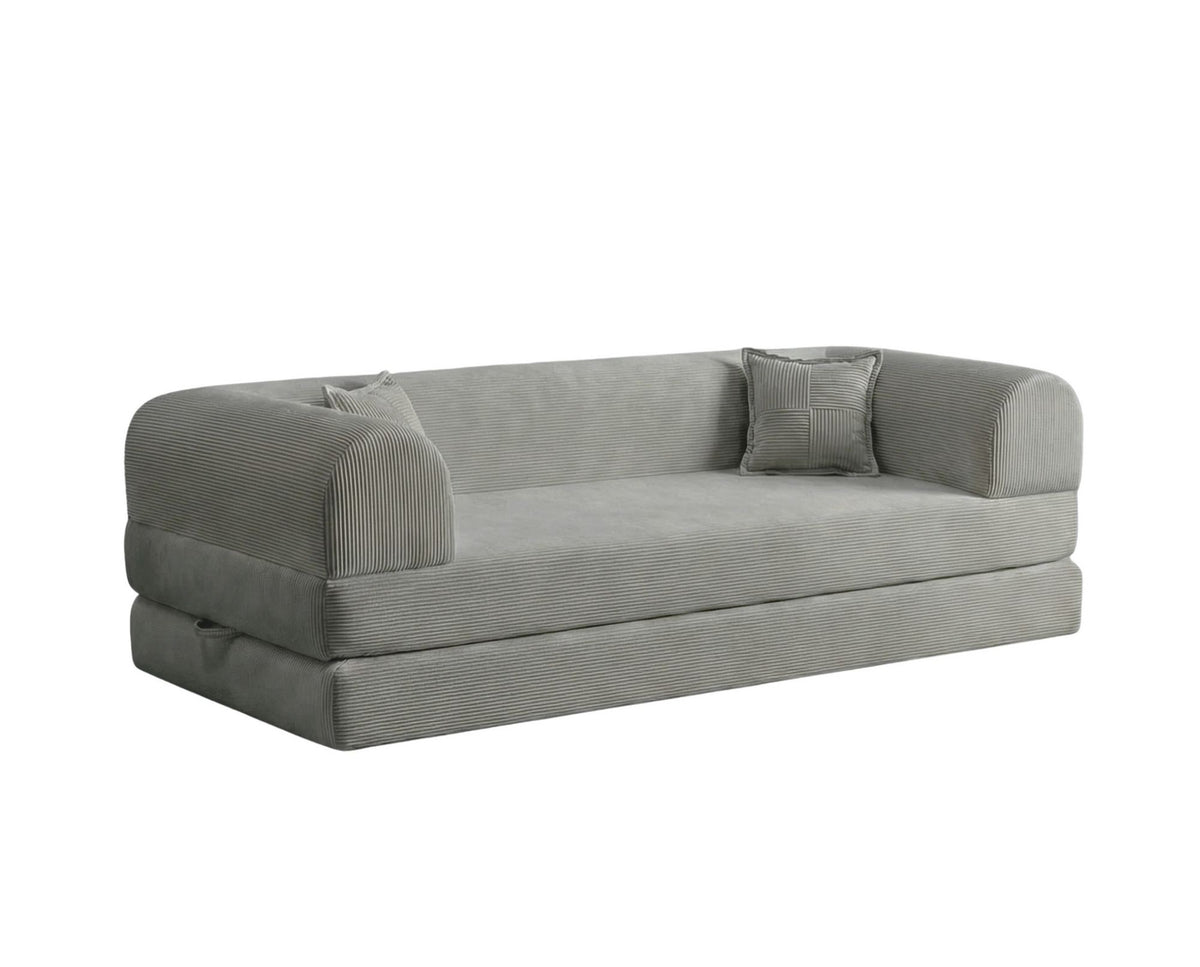 Hellgraues 3-Sitzer Schlafsofa aus geripptem Cord-Plüschstoff mit zwei Kissen, Rollpack-Design und rutschfester Sohle.