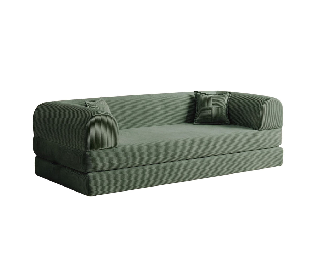 Grünes 3-Sitzer Schlafsofa Legom Eco von Hanah Home aus geripptem Cord-Plüschstoff mit zwei Kissen und abnehmbarem Bezug.