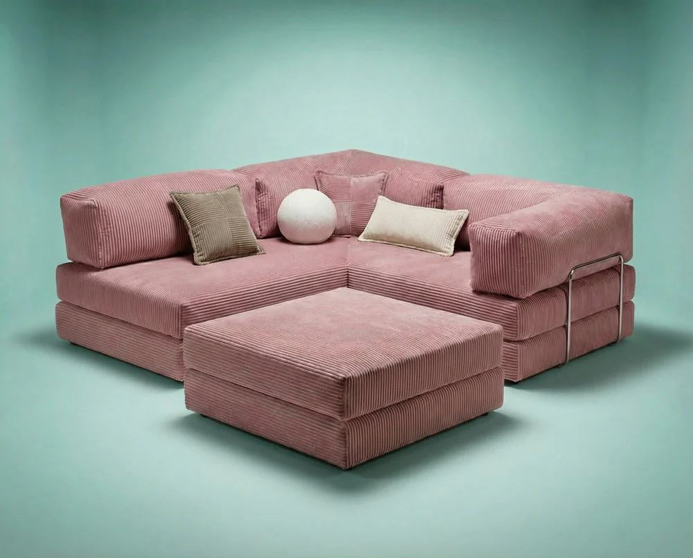 Rosafarbenes Eck-Schlafsofa aus Cord-Plüschstoff mit vier Kissen, abnehmbarem Bezug und rutschfester Sohle, Grösse 300x100 cm.