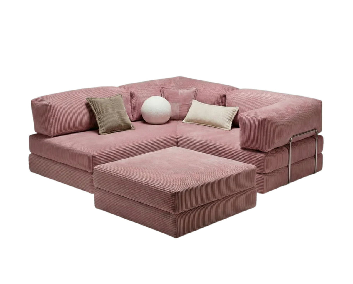 Rosafarbenes Eck-Schlafsofa aus Cord-Plüschstoff mit vier Kissen, abnehmbarem Bezug und rutschfester Sohle, Grösse 300x100 cm.