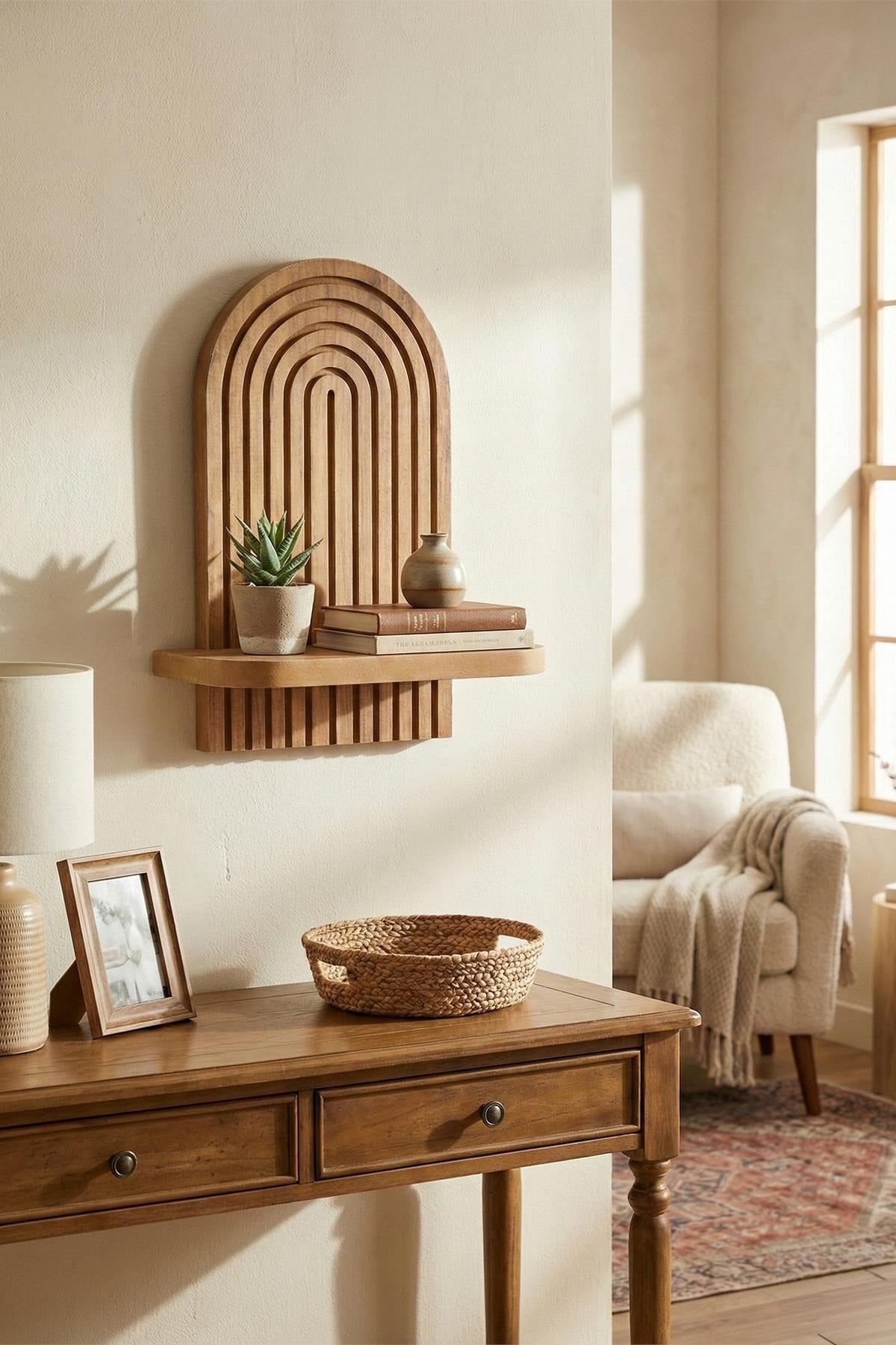 Wandregal aus Eiche-farbenem MDF mit geometrischer Form, Masse 26x35x13 cm, Hersteller Hanah Home, zur Wandmontage.