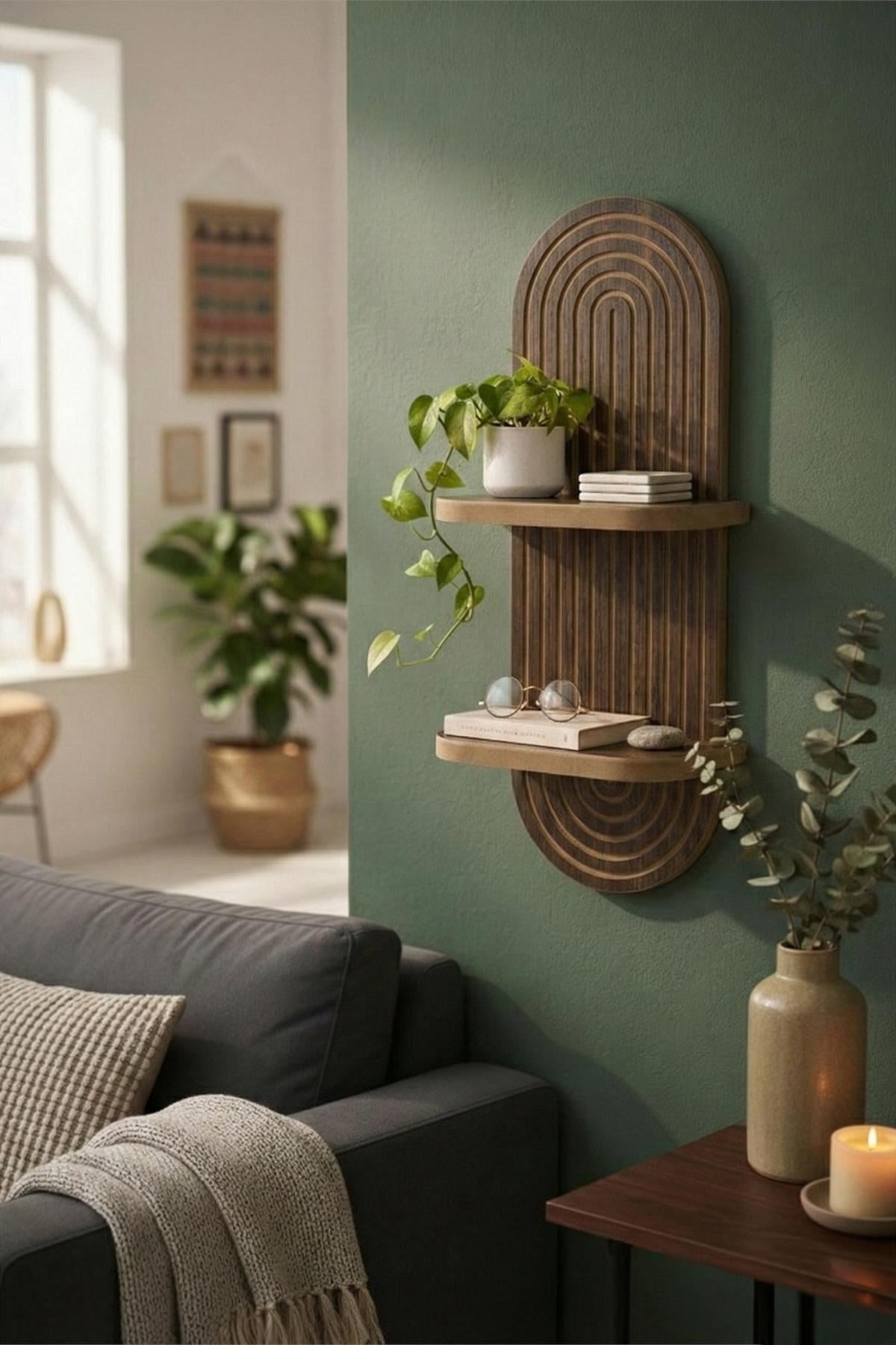 Wandregal Artmtkwll2D von Hanah Home in Wenge, MDF, geometrisches Design, Breite 26 cm, Höhe 70 cm, Tiefe 13 cm
