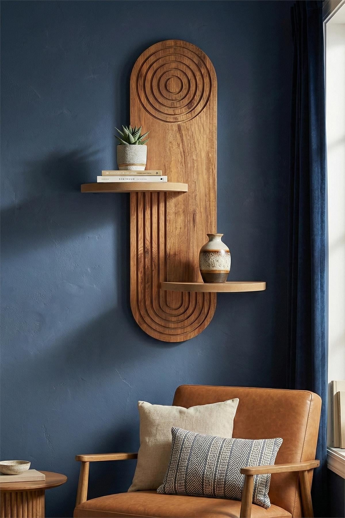 Wandregal Artmtkwll3 in Eiche von Hanah Home, MDF-Material, geometrische Form, montiert an einer weissen Wand.