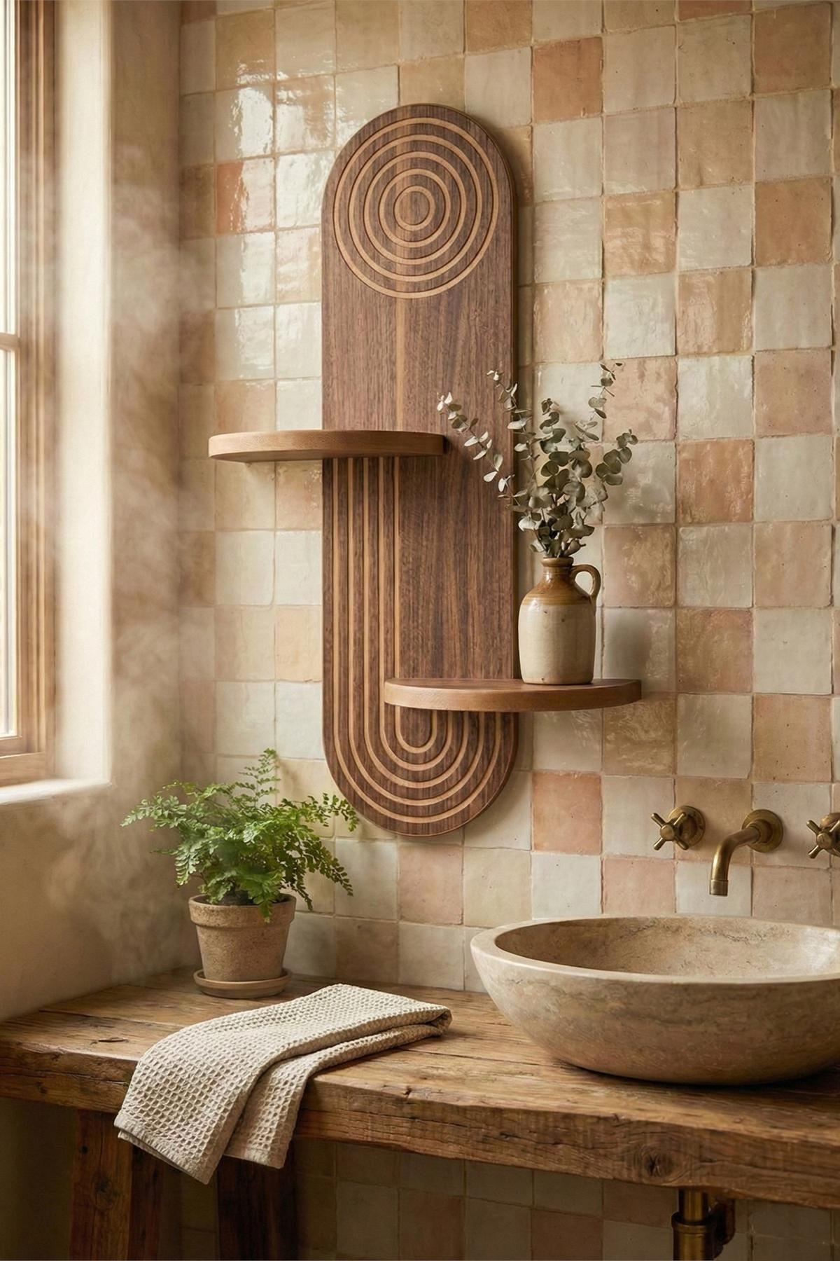 Wandregal aus MDF in Wenge-Braun mit geometrischer Form, Masse 26x13x70 cm, an weisser Wand montiert, Hersteller Hanah Home.