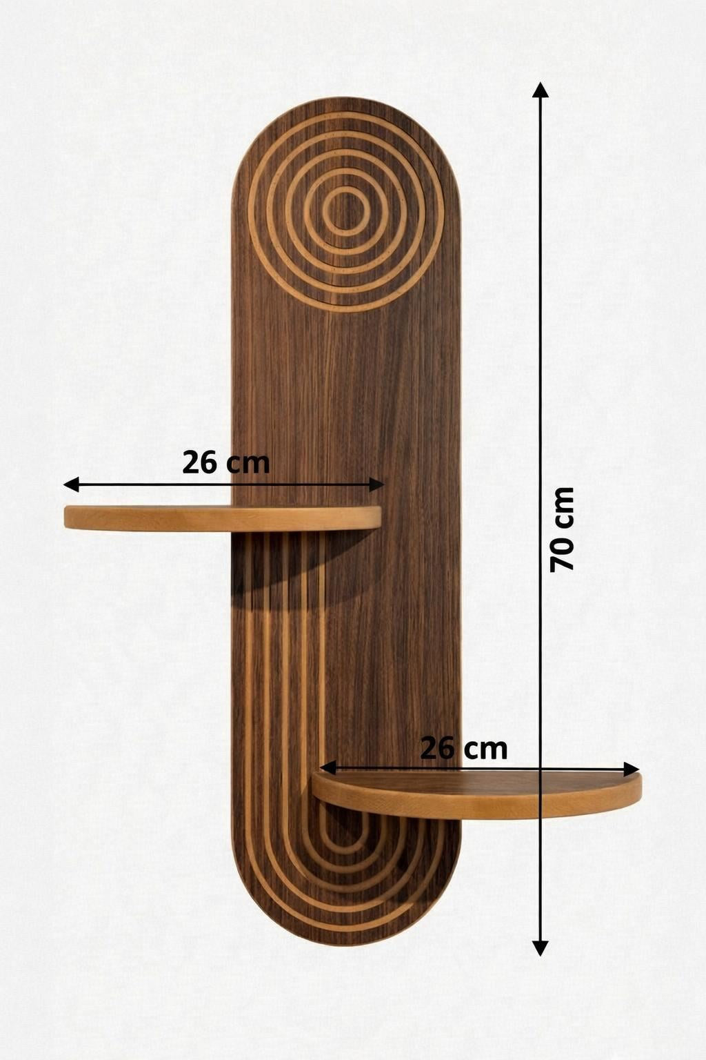 Wandregal aus MDF in Wenge-Braun mit geometrischer Form, Masse 26x13x70 cm, an weisser Wand montiert, Hersteller Hanah Home.