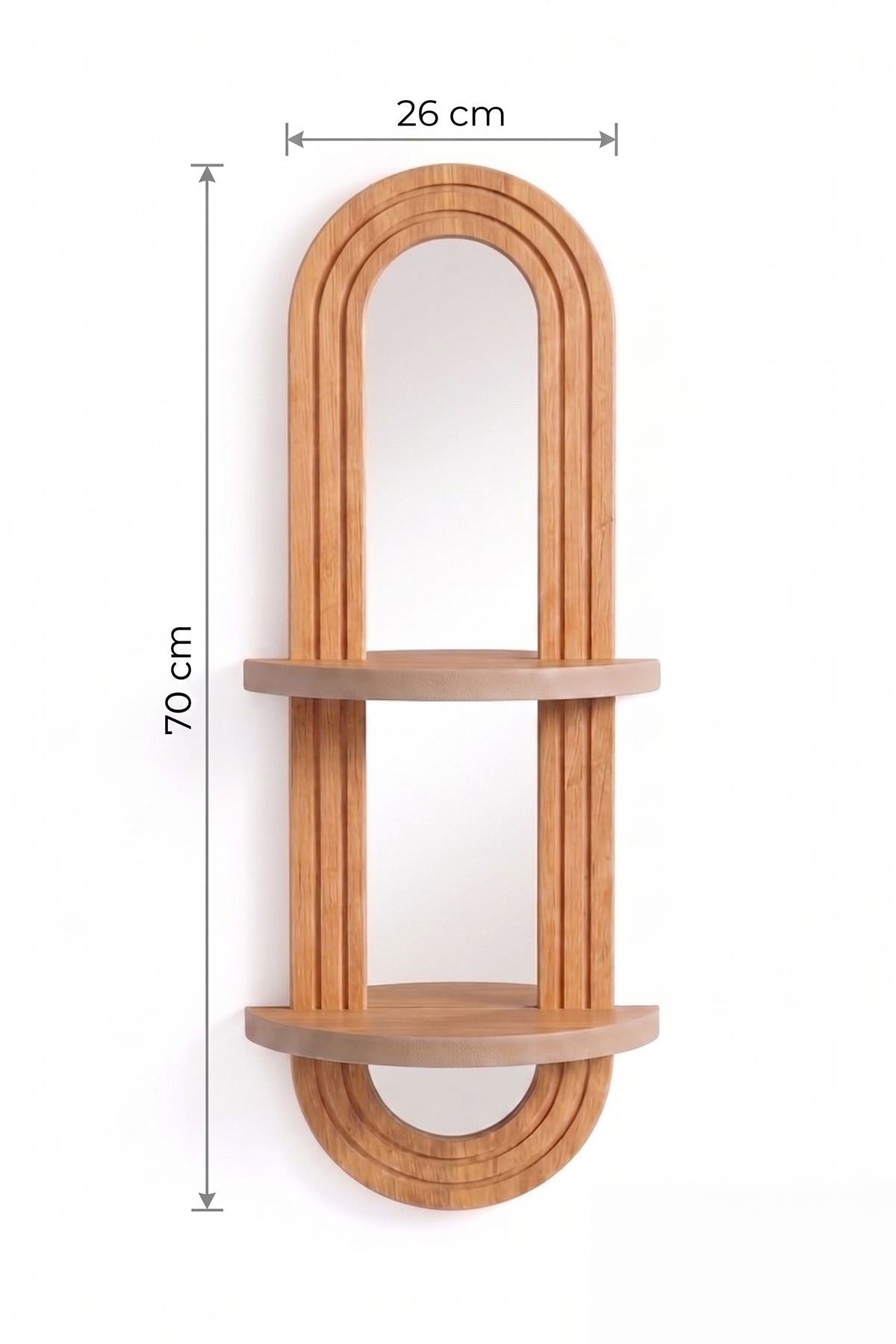 Wandregal aus MDF in Eiche-Optik, schlankes rechteckiges Design, Masse 26x13x70 cm, Hersteller Hanah Home, an Wand montiert.