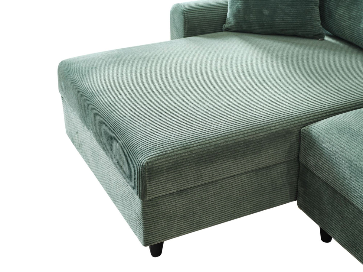 Grünes Flavia Ecksofa von Hanah Home mit Polyester-Bezug in Leinenstruktur, Metallgestell und Kunststoffbeinen, Eckform.
