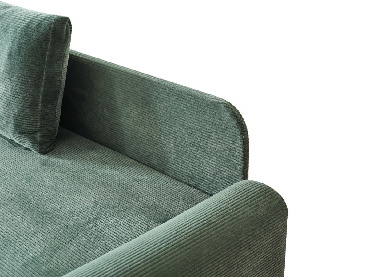Grünes Flavia Ecksofa von Hanah Home mit Polyester-Bezug in Leinenstruktur, Metallgestell und Kunststoffbeinen, Eckform.
