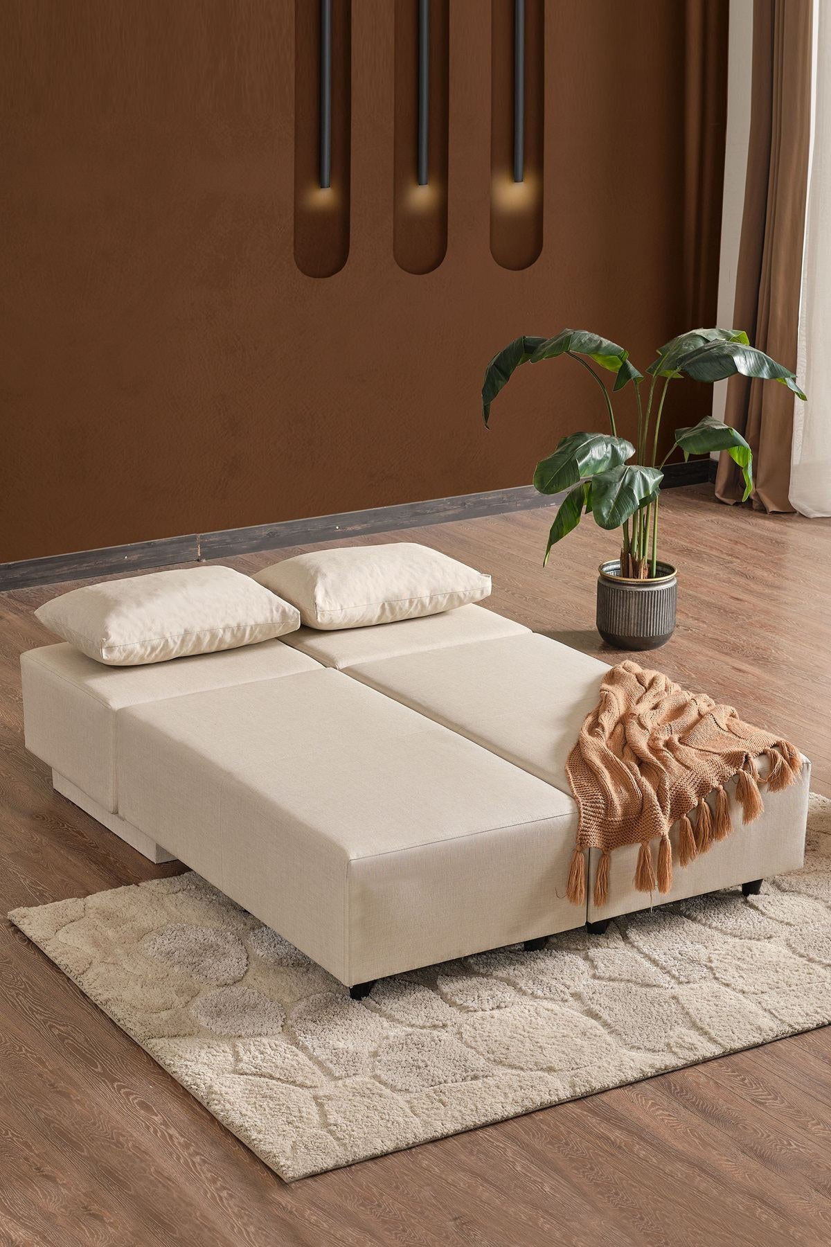 Beiges Ecksofa Poly M von Hanah Home mit Leinenstruktur-Stoffbezug und Metallgestell, Sitzhöhe 42 cm, modernes schlichtes Design.