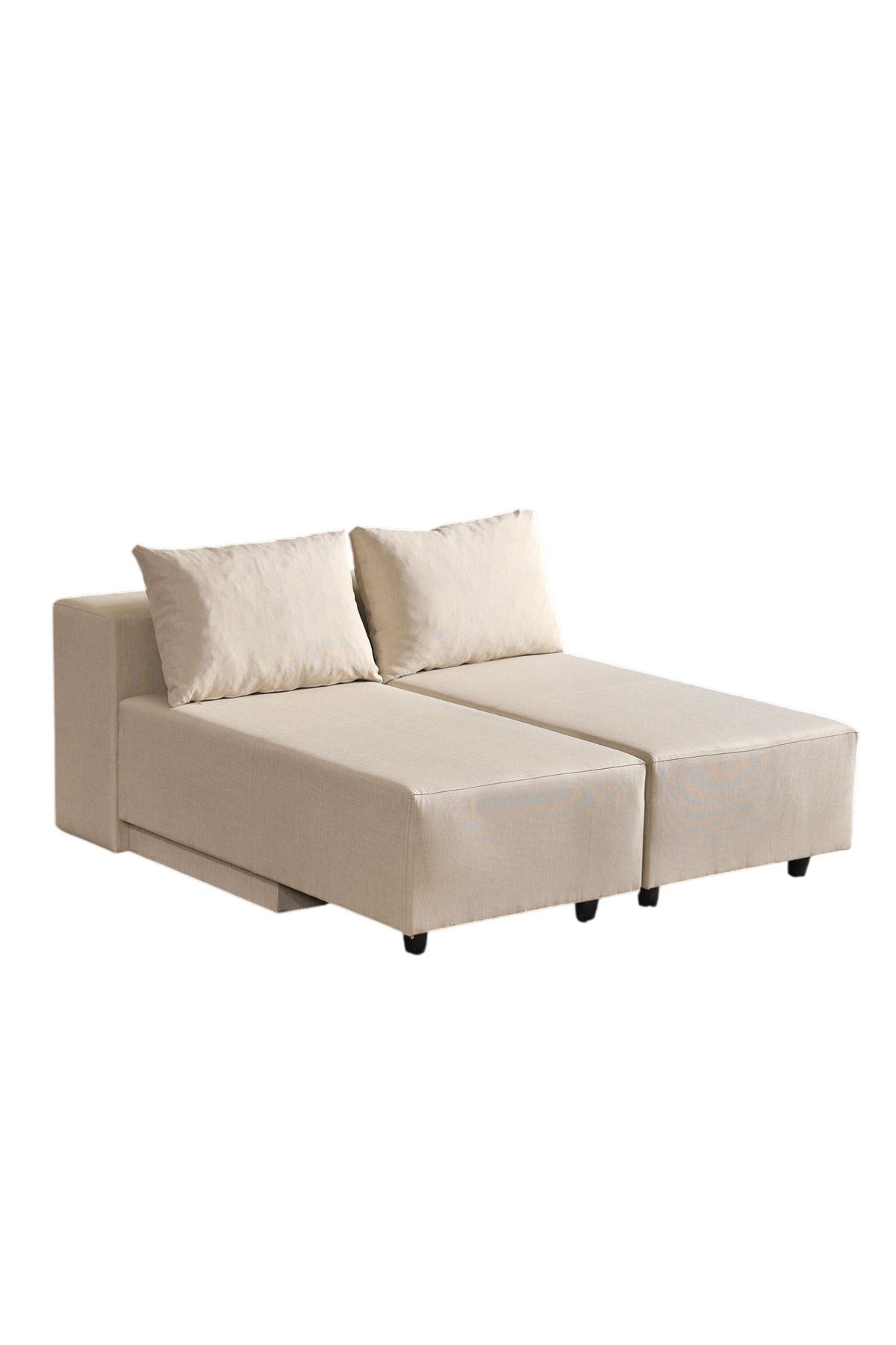 Beiges Ecksofa Poly M von Hanah Home mit Leinenstruktur-Stoffbezug und Metallgestell, Sitzhöhe 42 cm, modernes schlichtes Design.