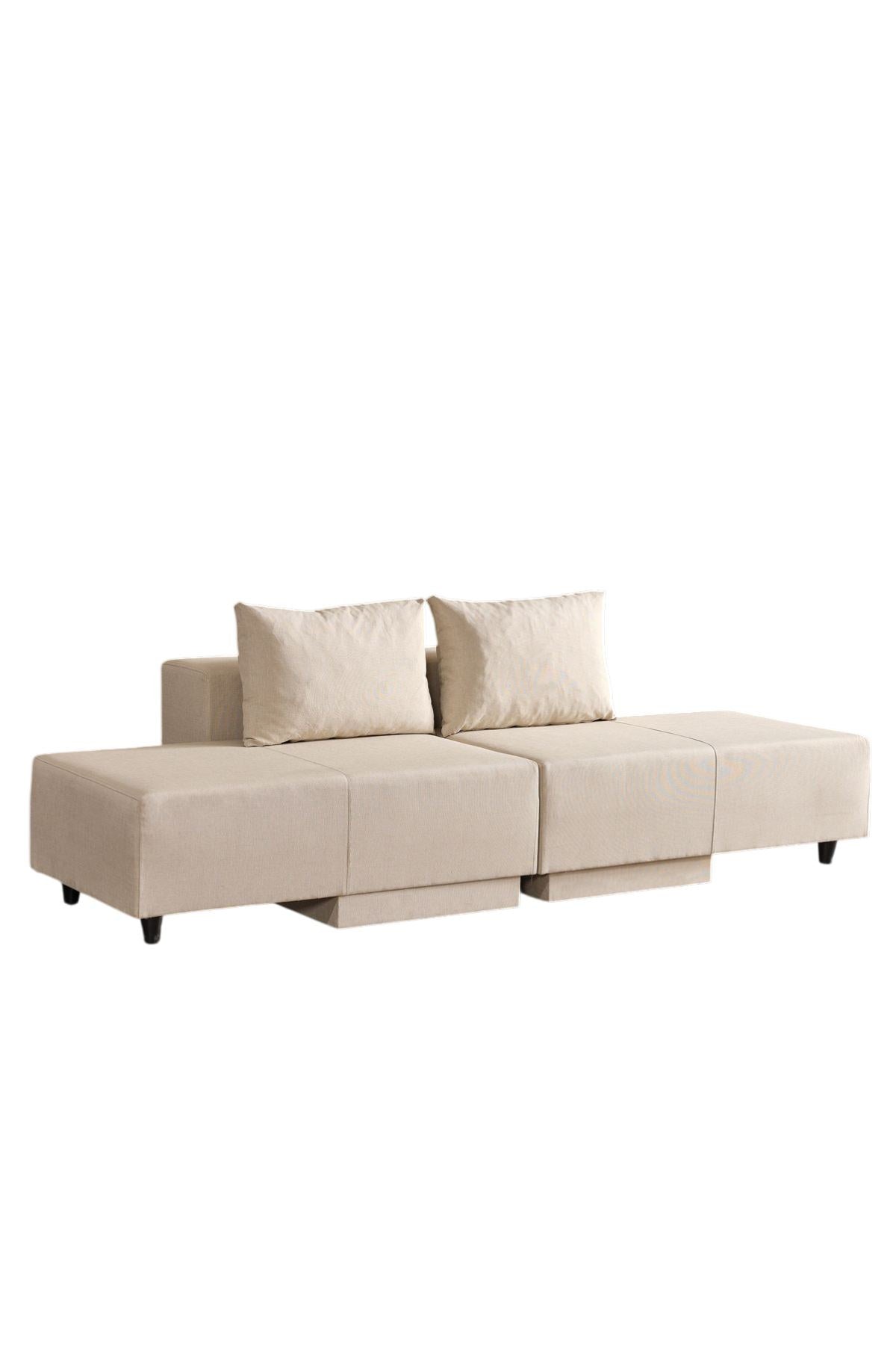 Beiges Ecksofa Poly M von Hanah Home mit Leinenstruktur-Stoffbezug und Metallgestell, Sitzhöhe 42 cm, modernes schlichtes Design.