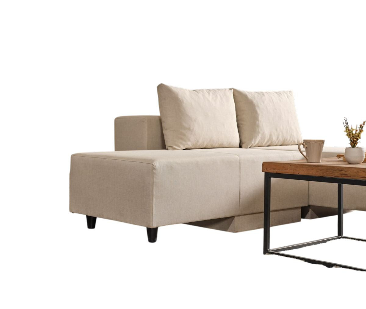 Beiges Ecksofa Poly M von Hanah Home mit Leinenstruktur-Stoffbezug und Metallgestell, Sitzhöhe 42 cm, modernes schlichtes Design.