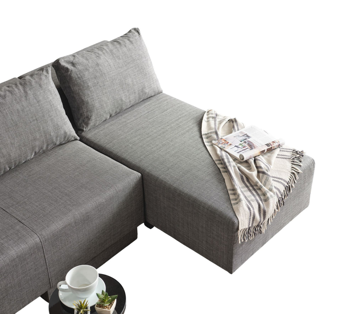 Graues Eckschlafsofa Poly M von Hanah Home mit Metallgestell und Polyesterbezug in Leinenstruktur, Eckform, 180x150 cm.