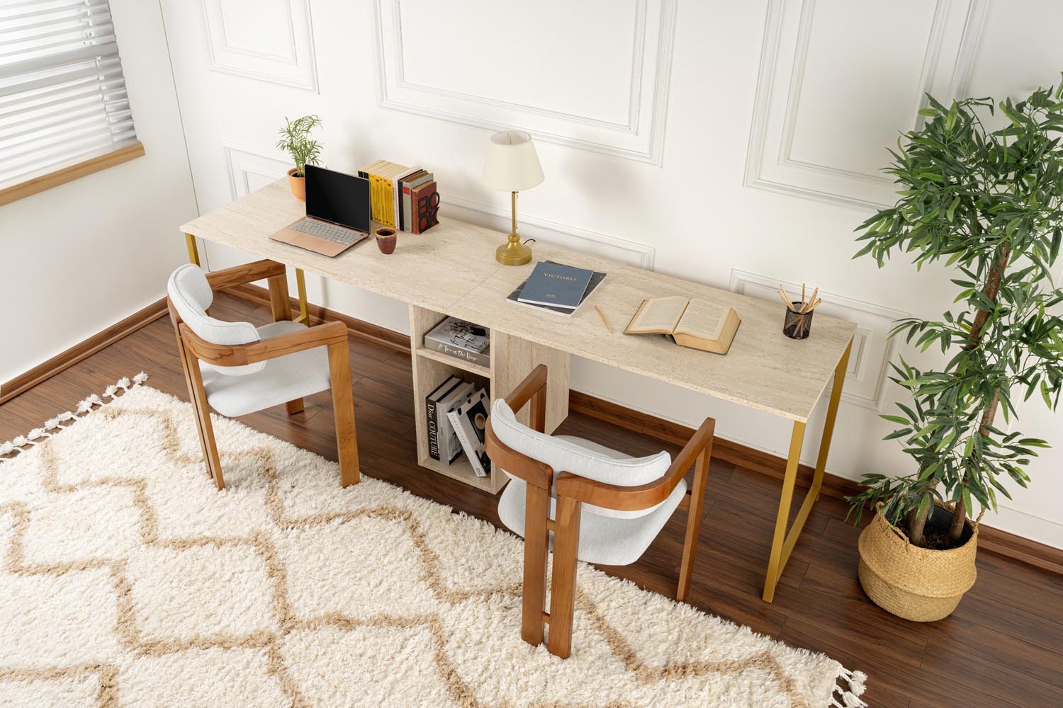 Twin Study Desk - Travertine, Gold in Travertin Gold präsentiert im Onlineshop von KAQTU Design AG. Schreibtisch ist von Nordure