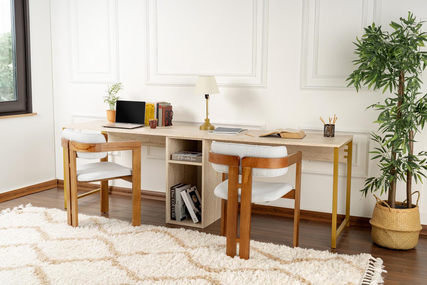 Twin Study Desk - Travertine, Gold in Travertin Gold präsentiert im Onlineshop von KAQTU Design AG. Schreibtisch ist von Nordure