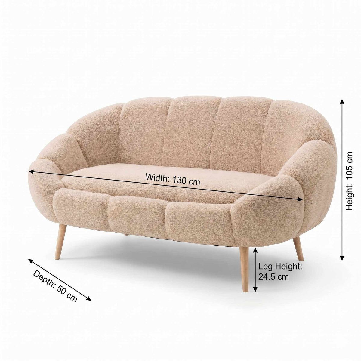 Beiges 2-Sitzer Sofa mit geflügelter Rückenlehne, Wellsoft-Bezug und Beinen aus Eschenholz, Masse 130 x 50 x 105 cm.