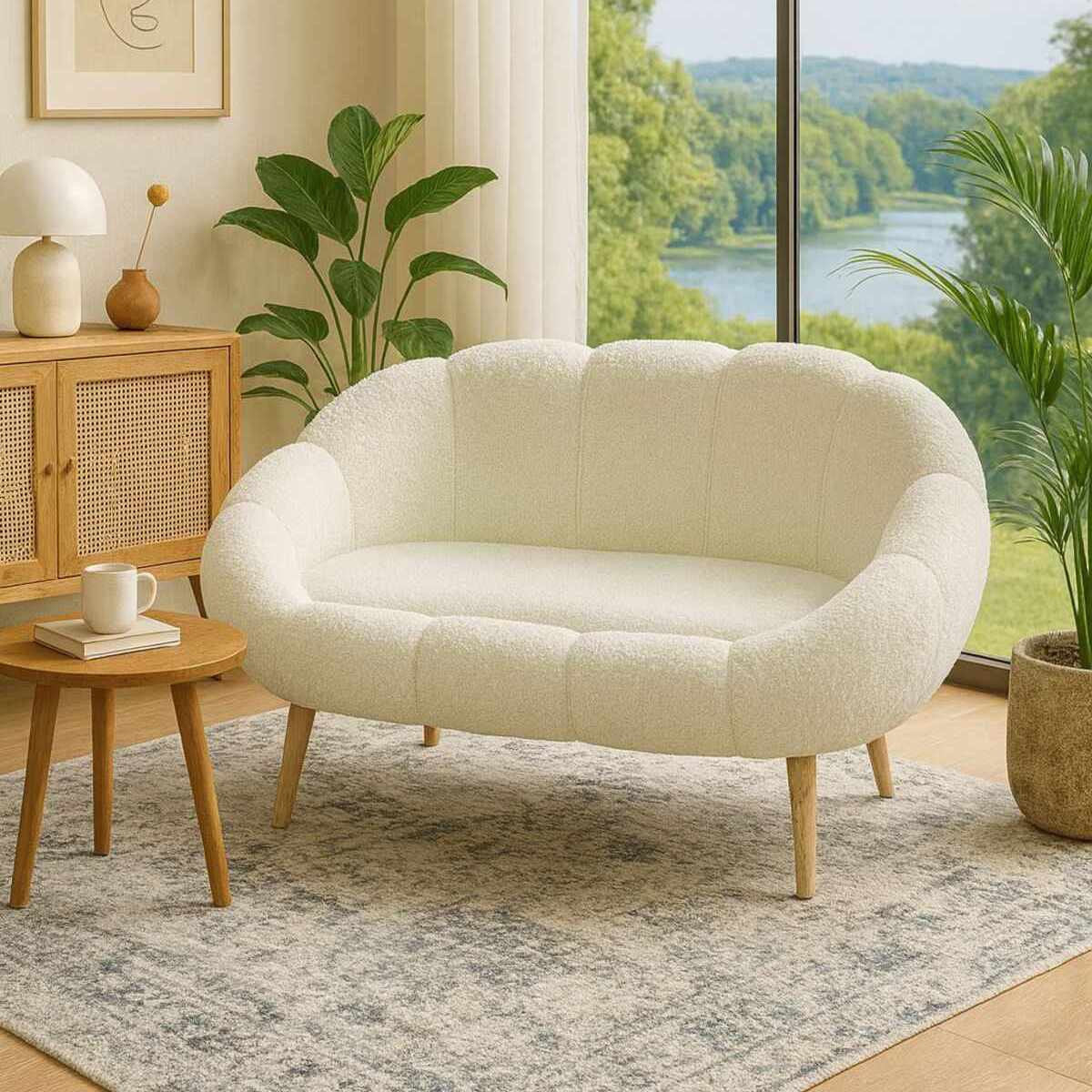 Weisses 2-Sitzer Sofa Lida von Hanah Home mit Wellsoft-Stoffbezug, Flügel-Design und Beinen aus Eschenholz, Masse 130x50x105 cm.