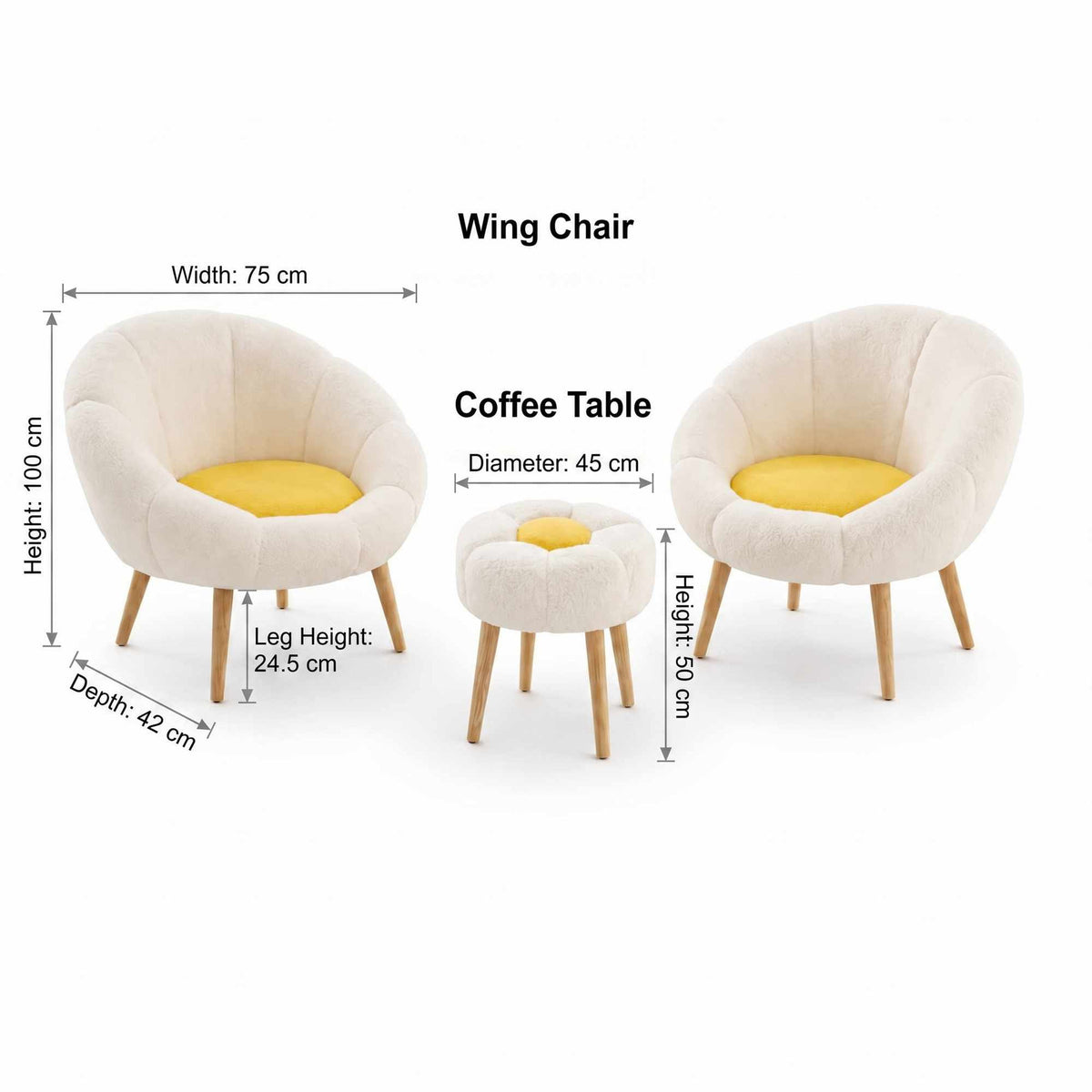 Zwei Ohrensessel und ein runder Pouf in Weiss/Gelb mit Wellsoft-Stoffbezug und Beinen aus Esche auf hellem Hintergrund.