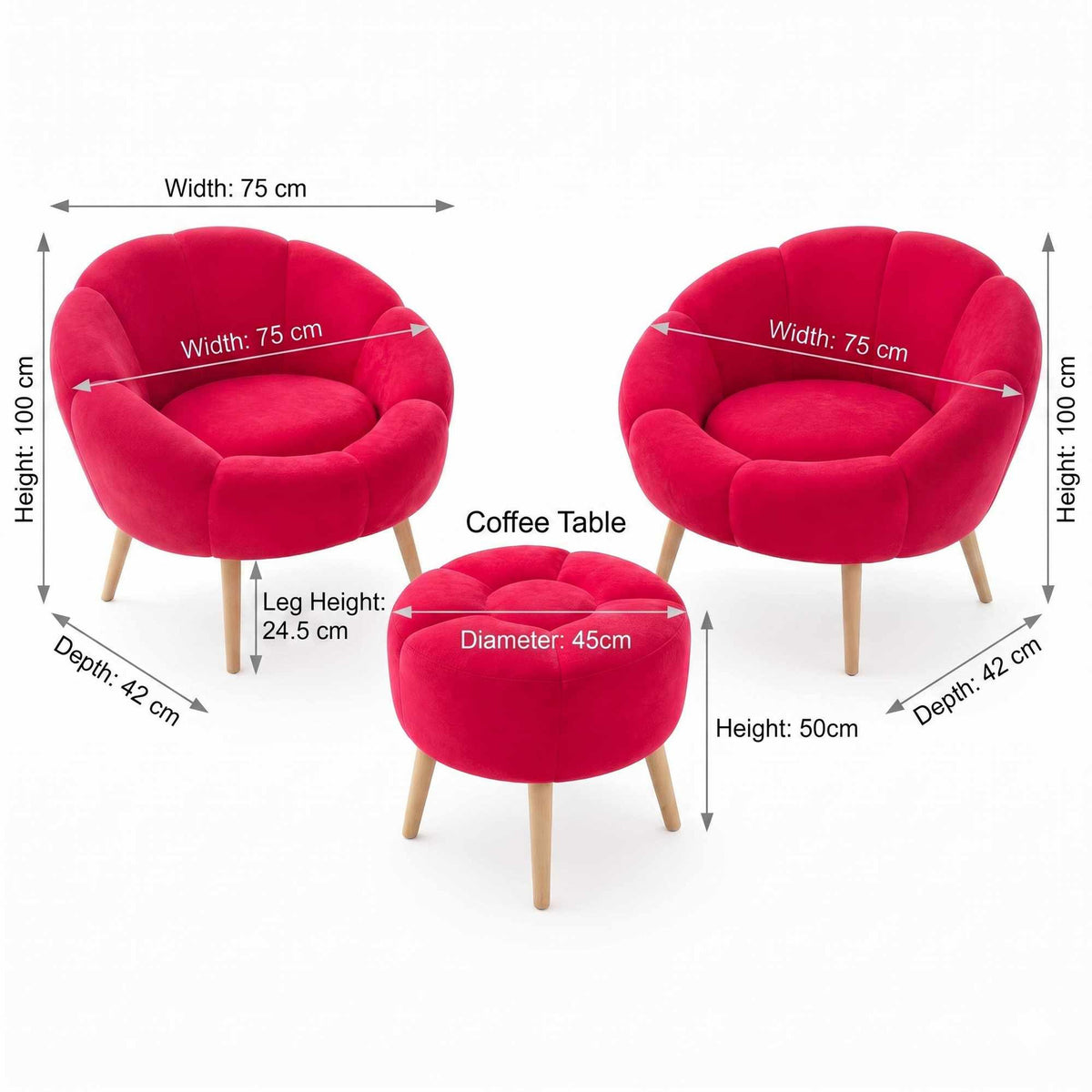Zwei Fuchsia-farbene Wellsoft-Ohrensessel mit Eschenholzbeinen und ein passender runder Pouf, dargestellt vor hellem Hintergrund.