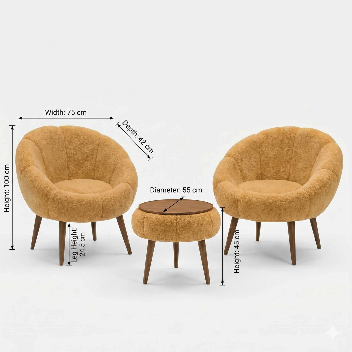 Braunes Ohrensessel-Set aus Hanah Home mit Leinenbezug, Eschenholzbeinen und rundem Couchtisch aus melaminbeschichteter Spanplatte.