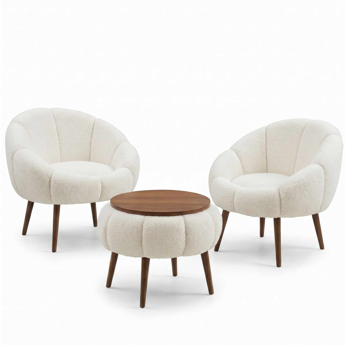 Zwei weisse Ohrensessel mit Wellsoft-Stoffbezug und Eschenholzbeinen sowie runder weisser Couchtisch aus Spanplatte, Hanah Home Set